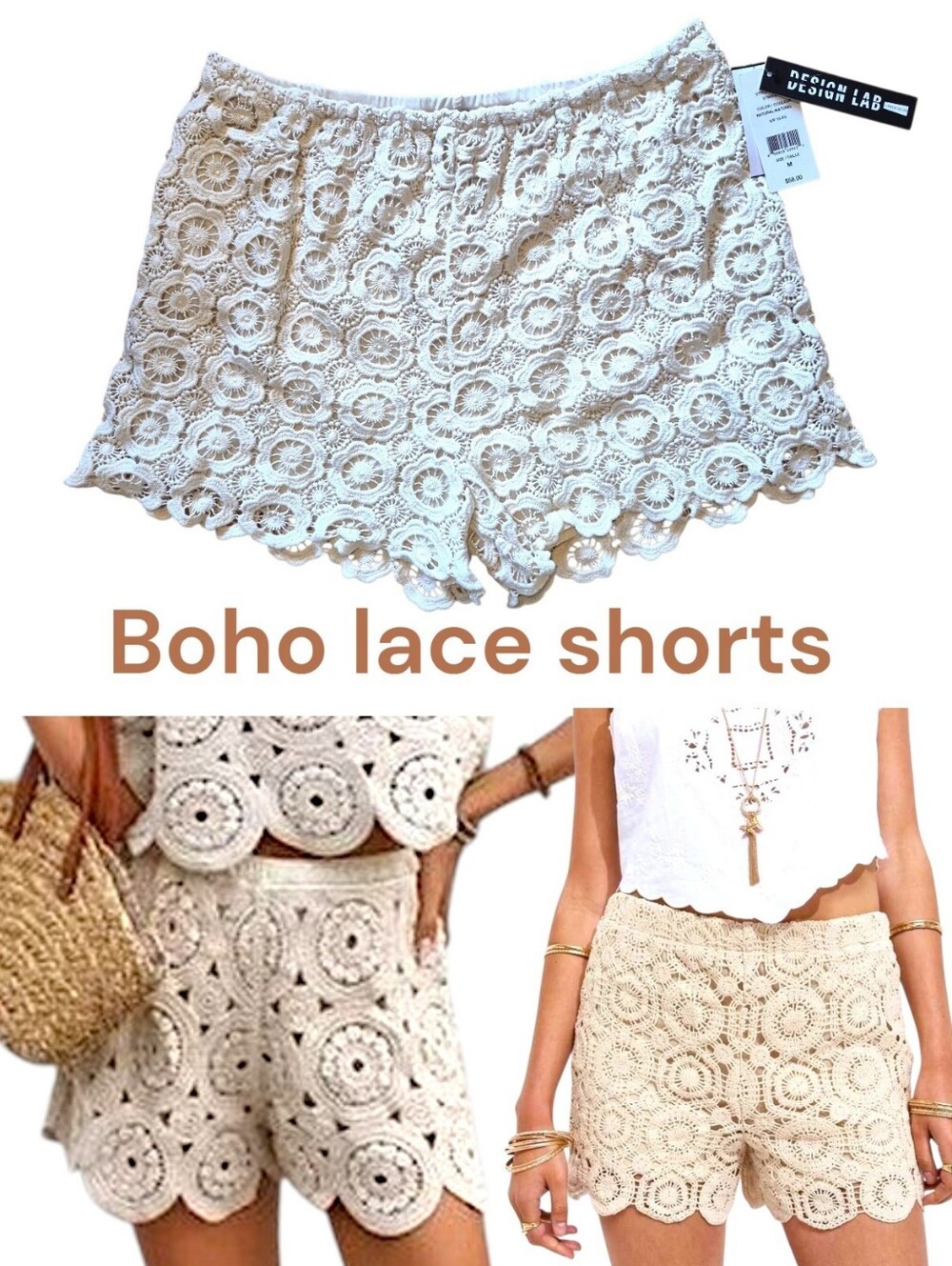Cream Crochet Lace Boho Shorts, Size M - NWT